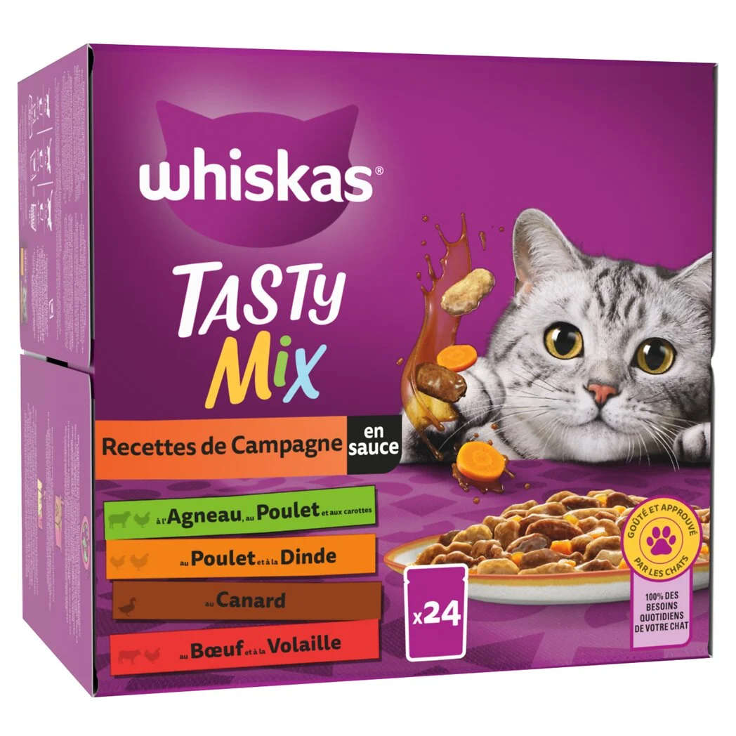 Whiskas tasty mix sachets fraîcheur recettes de campagne en sauce pour chat  adulte 4 variétés - JMT Alimentation Animale