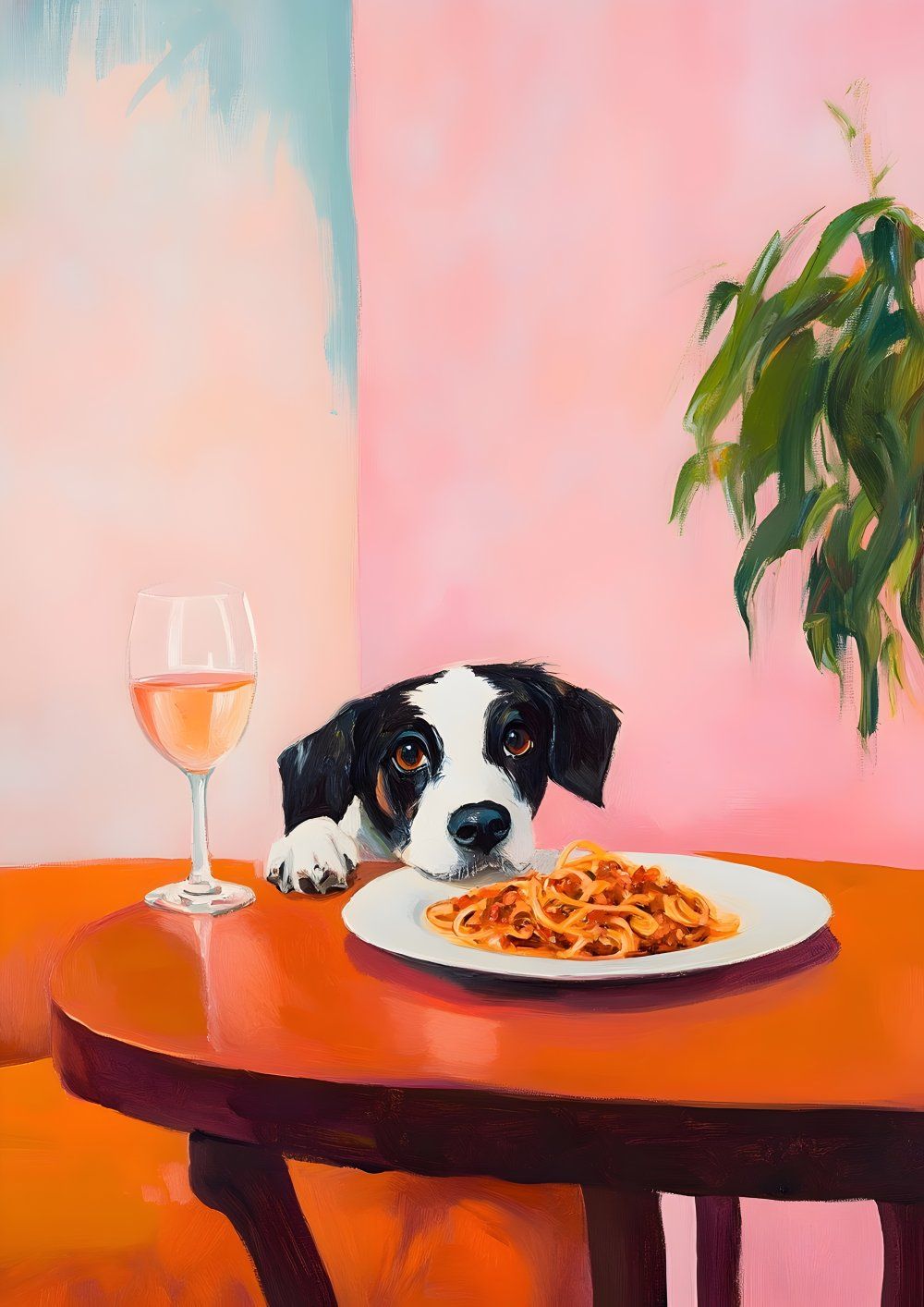 Konten Anjing Makan Spaghetti di Meja Makan