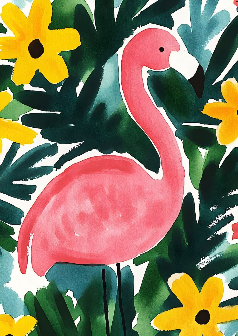 Konten Flamingo di Tengah Tanaman Tropis dengan Bunga Kuning.