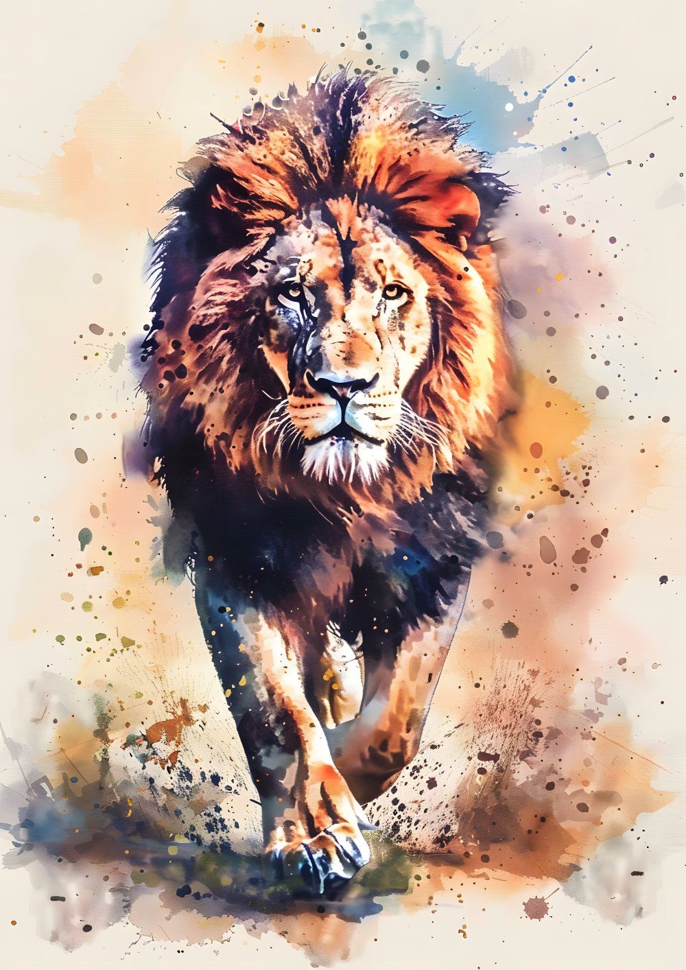 Konten Lion Walking Across Field With Colorful Background