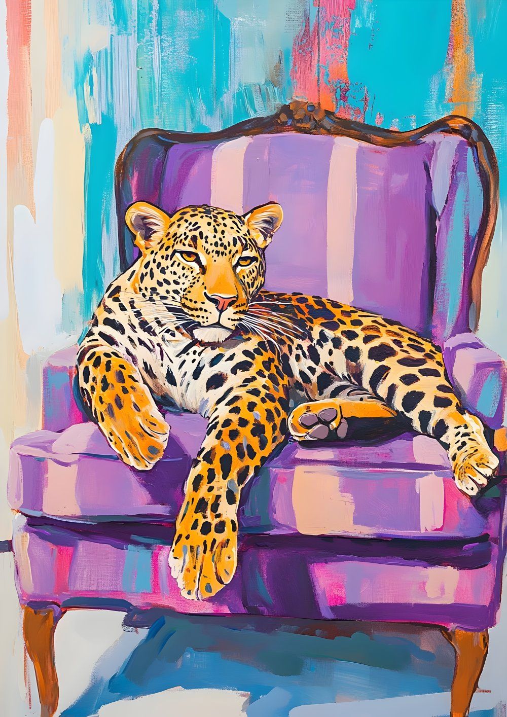 Konten Pintaran Leopard di atas Kursi Biru dan Kursi Pink.