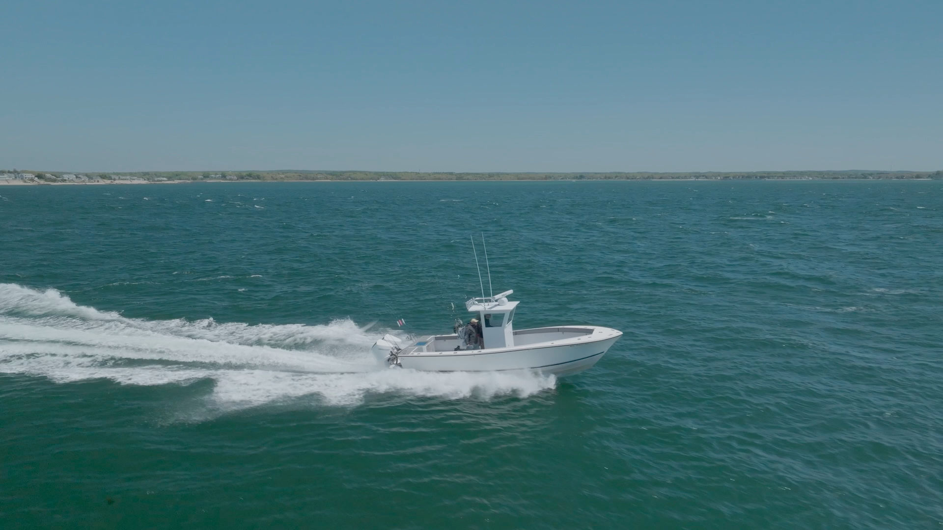 Drone shot — center console running upper Buzzards Bay