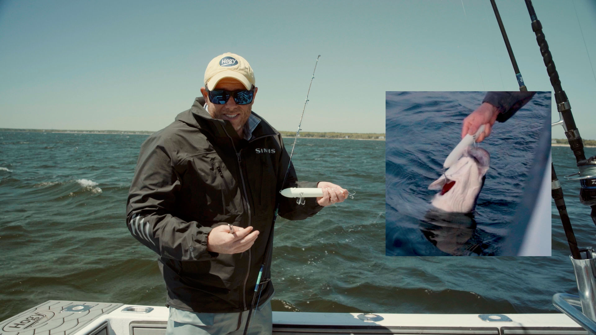 Mike explaining back hook removal — inset shows gill-hooked fish