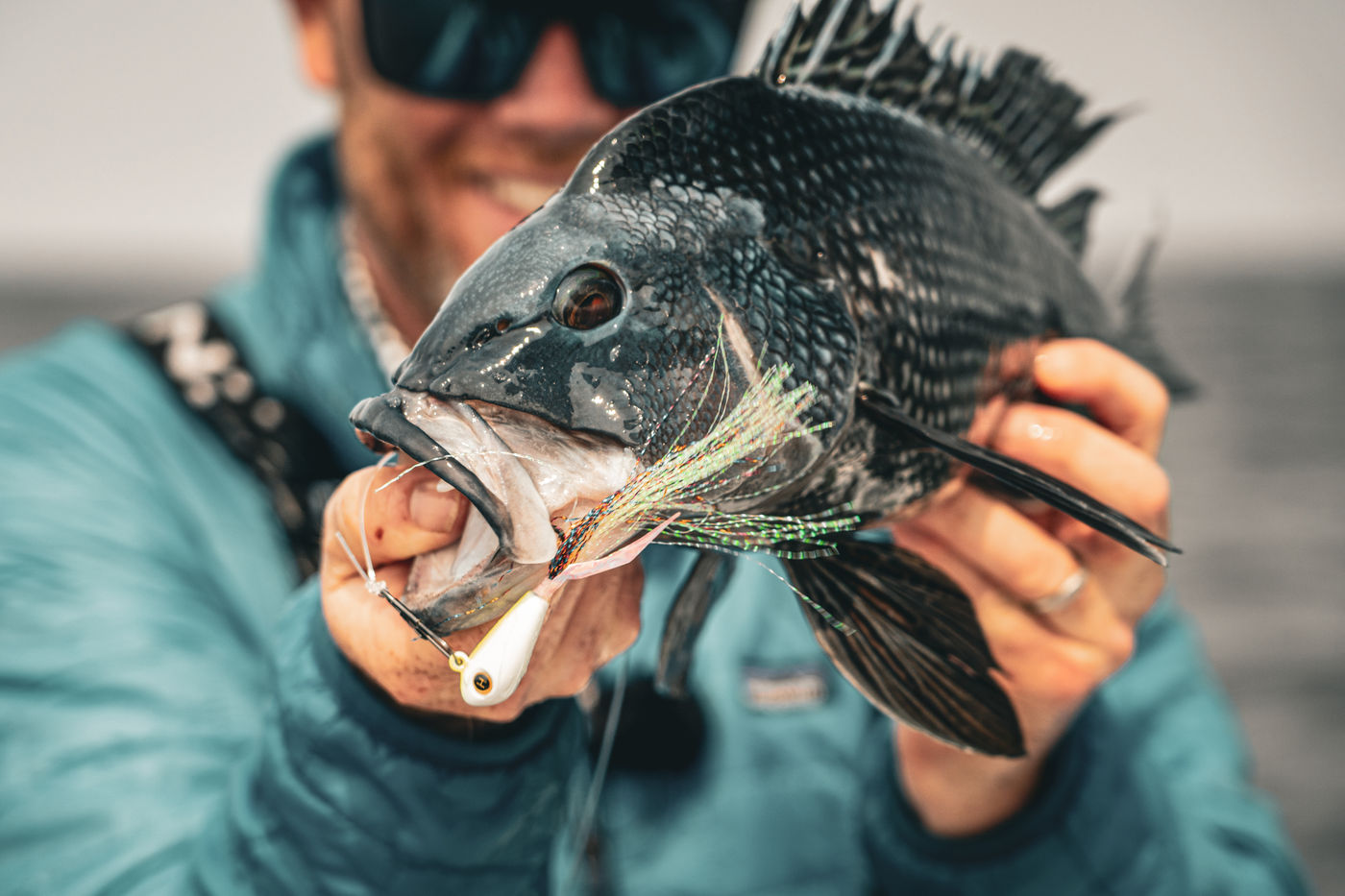 Black sea bass with a Hogy Groundfish Biki Jig in its jaw