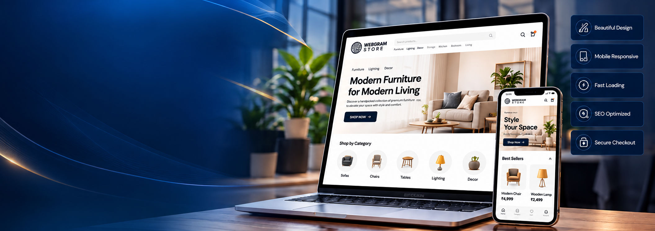 Laptop and phone displaying a responsive furniture ecommerce store