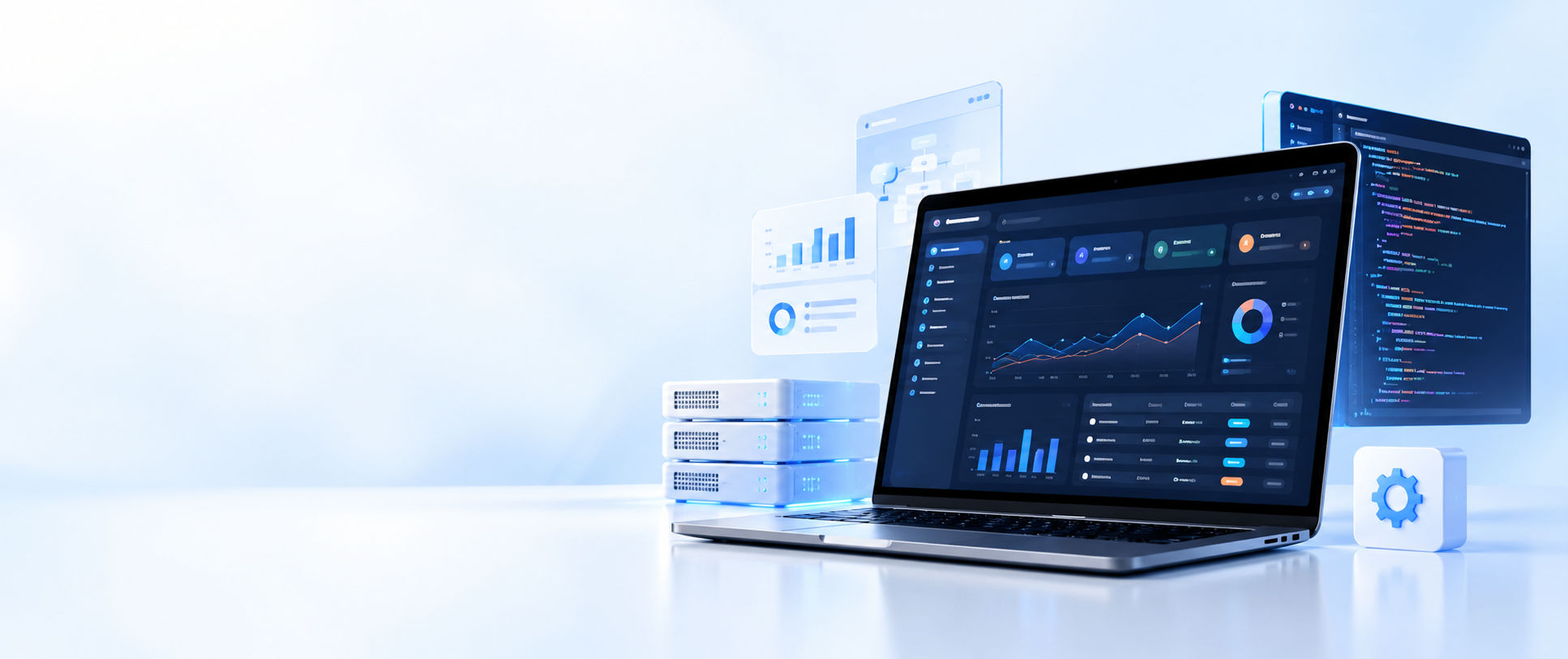 Laptop showing a business management dashboard with floating charts and servers