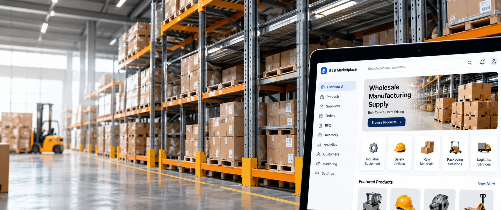 Laptop showing a B2B marketplace dashboard inside a warehouse
