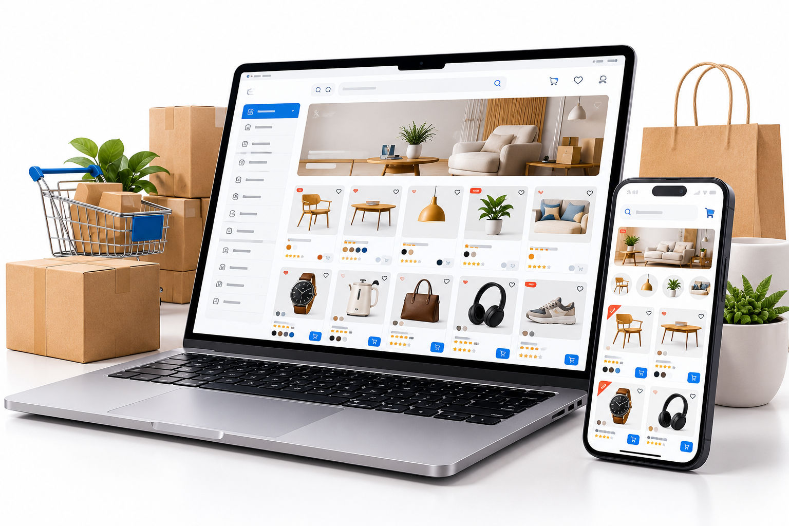Laptop and phone showing a furniture marketplace beside shipping boxes