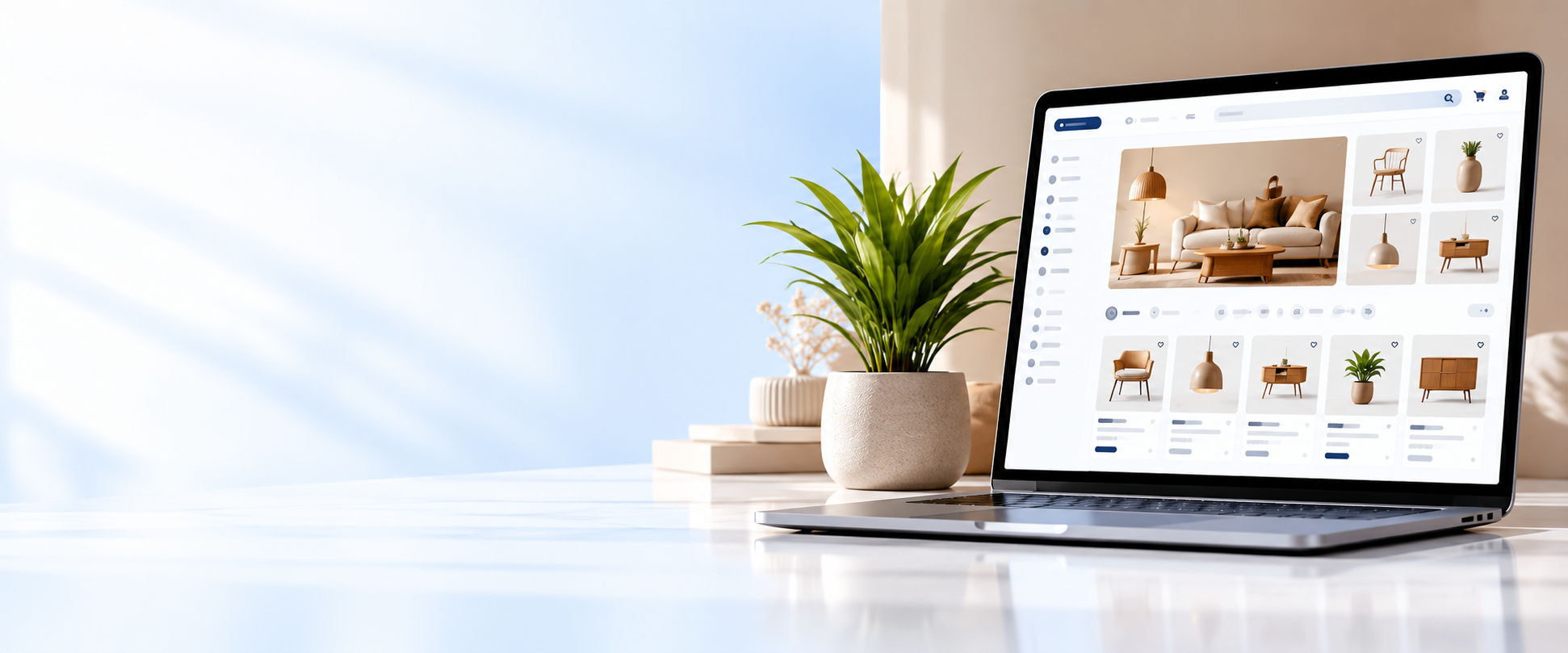 Laptop showing a furniture and home decor ecommerce catalog beside a plant