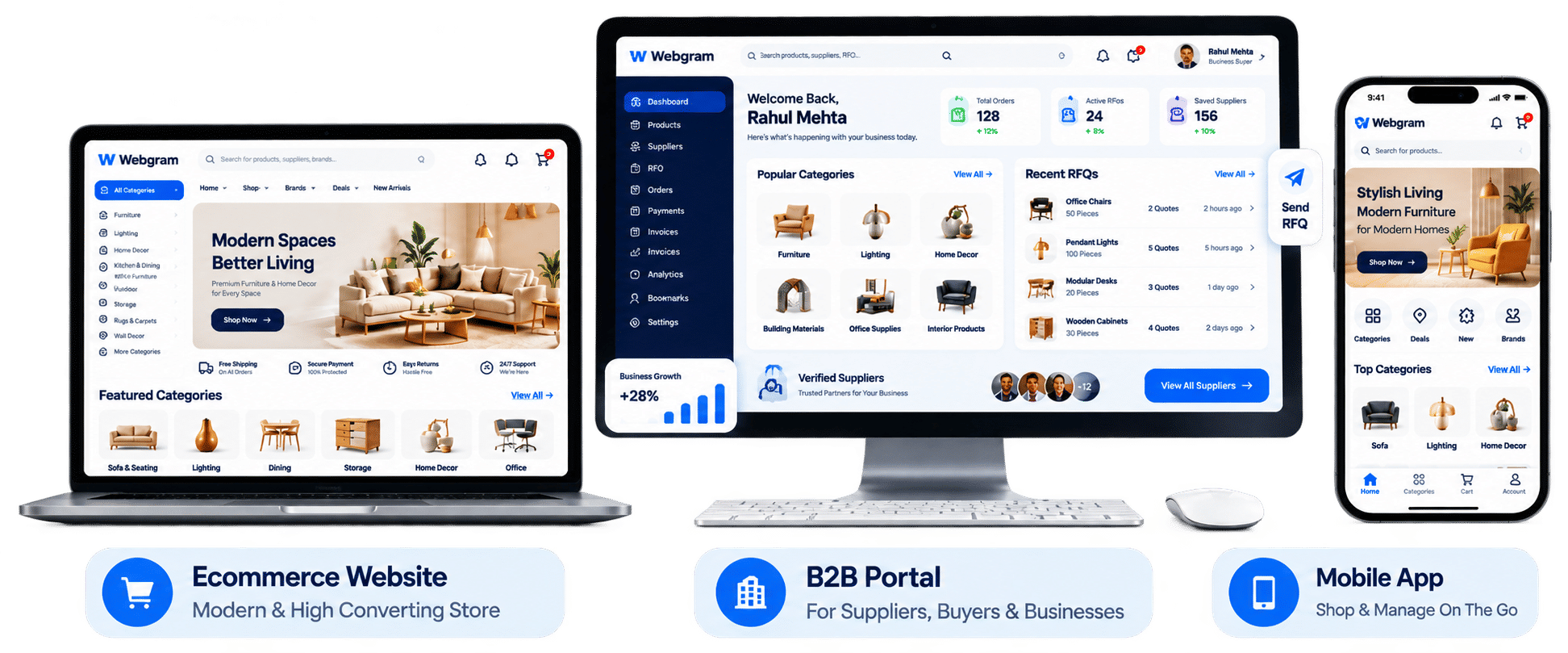 Webgram ecommerce website, B2B portal and mobile app
