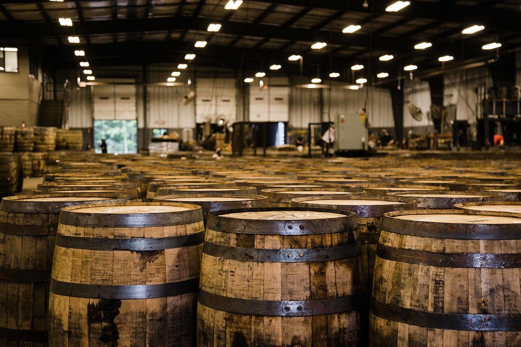 陽光穿過山崎蒸餾所的窗戶，照亮了整齊排列的橡木桶