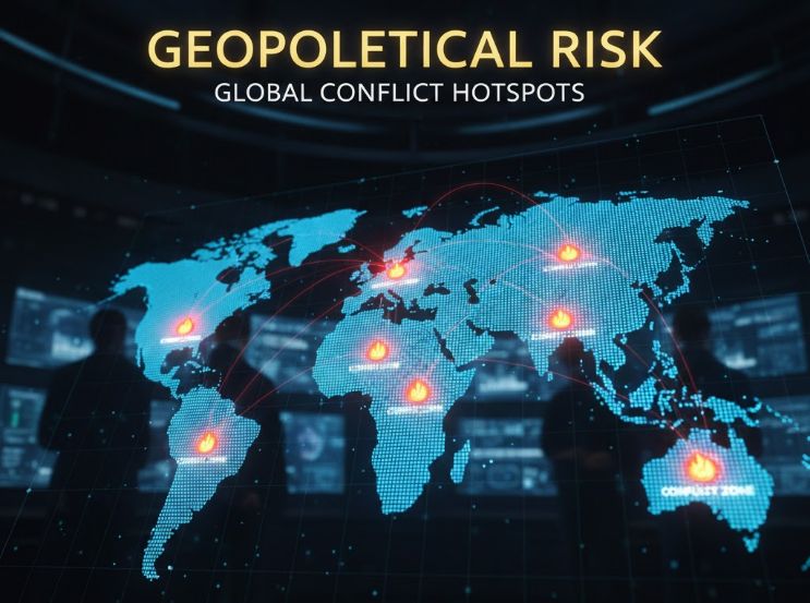 世界地圖上標註著衝突熱點，代表地緣政治風險