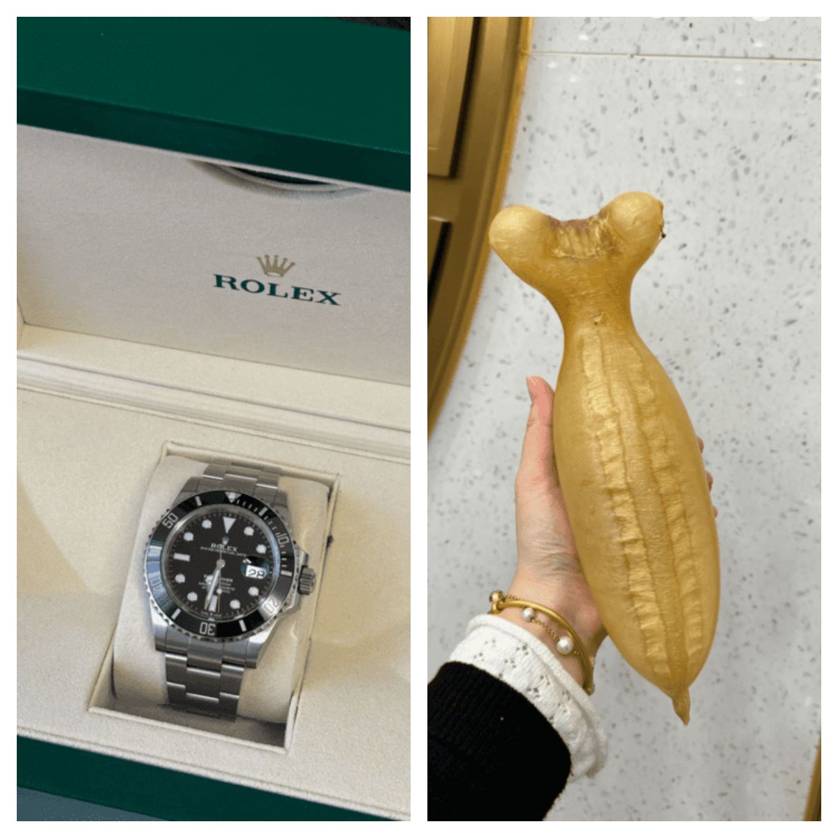 比較圖：一隻精美的勞力士手錶與一塊陳年蜘蛛膠