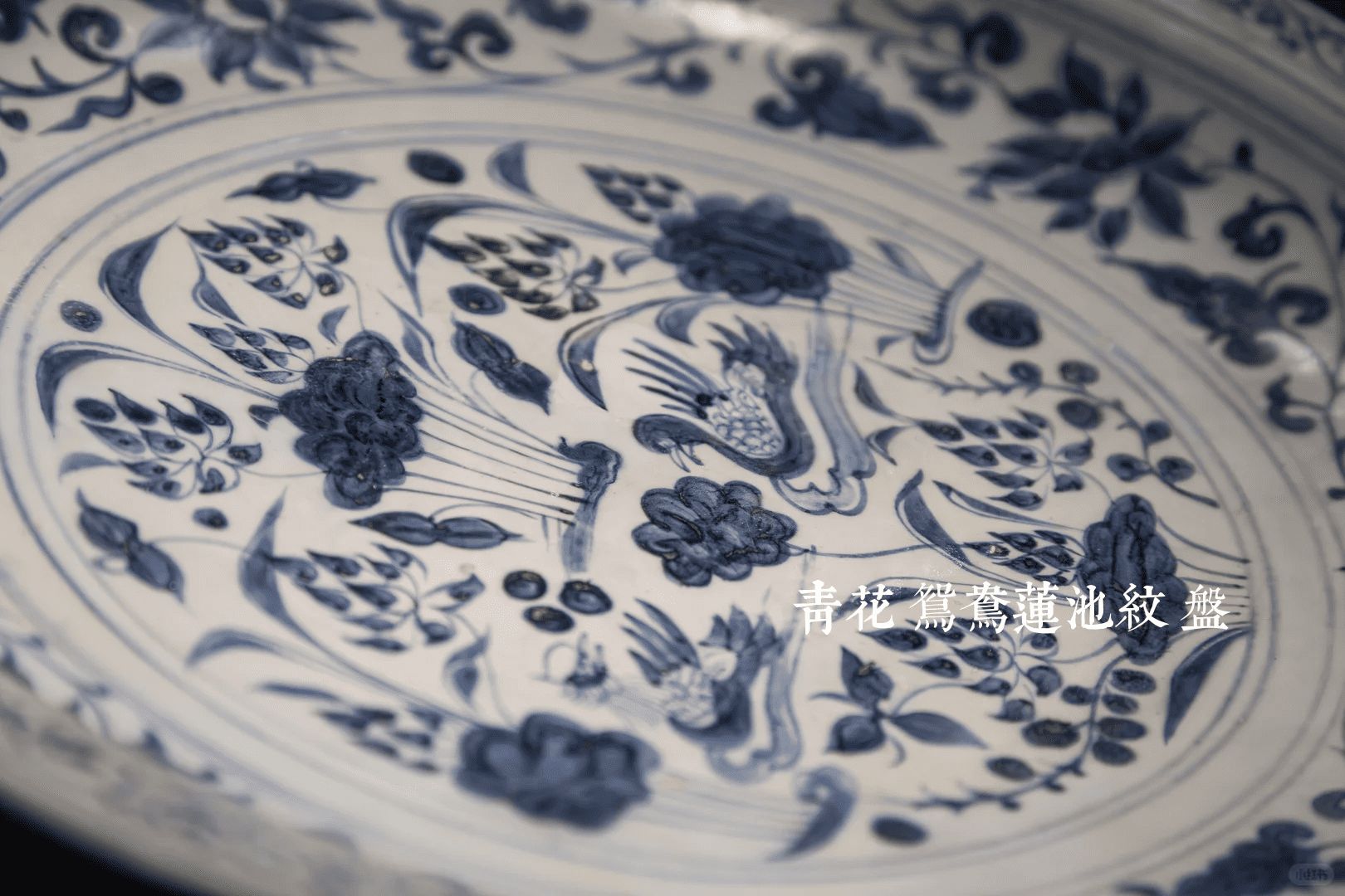特寫鏡頭展示元青花濃艷的藍色與鐵鏽斑特徵