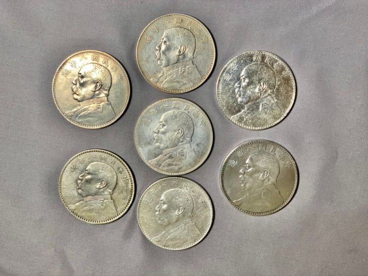 多枚袁大頭銀元平鋪陳列，展現其歷史感與金屬光澤
