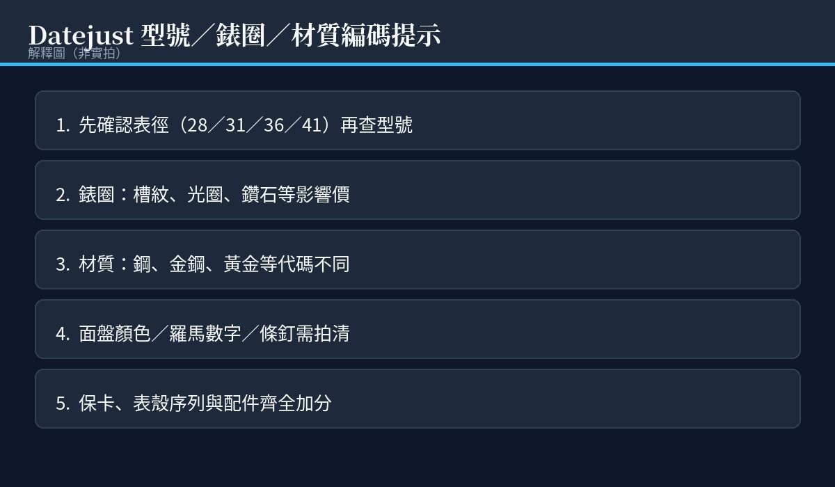 勞力士 Datejust 錶殼 12 點錶耳間的六位型號,對照平圈、三角坑紋圈與白金鋼外圈