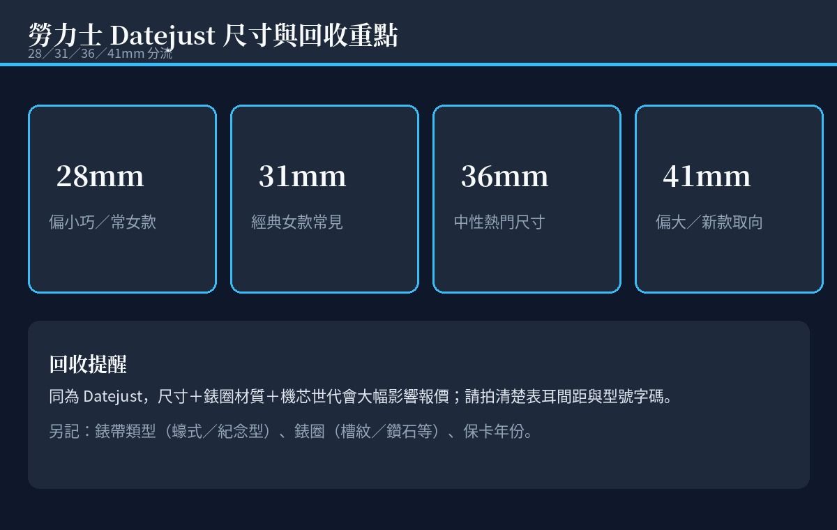 勞力士 Datejust 28mm、31mm、36mm 與 41mm 錶殼並列，比較錶徑、外圈與錶帶