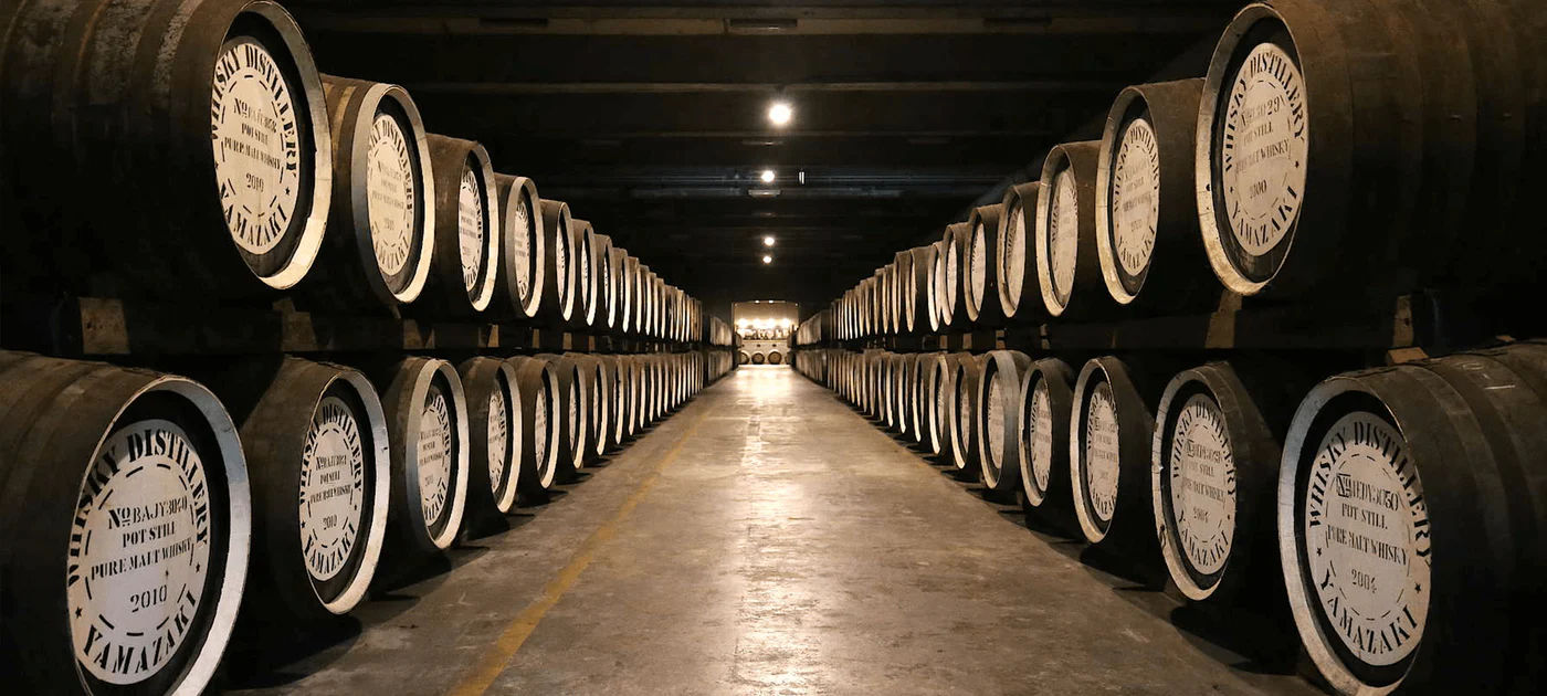 山崎威士忌酒桶與陳年佳釀背景