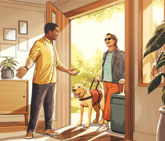 A guest with a service animal being greeted by a Host