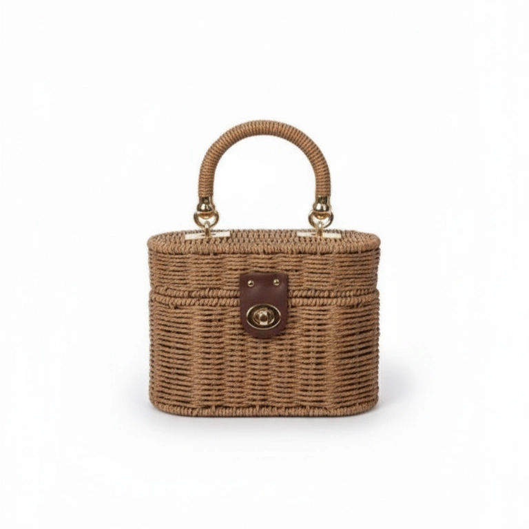 Mini Bolso Cesta Estilo Vintage con Asa Superior y Cierre Giratorio Marrón