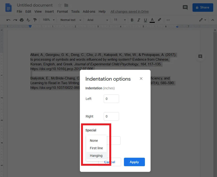 Creating a Hanging Indent in Google Docs