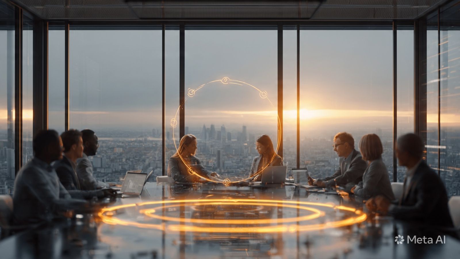 Team meeting with glowing circle
