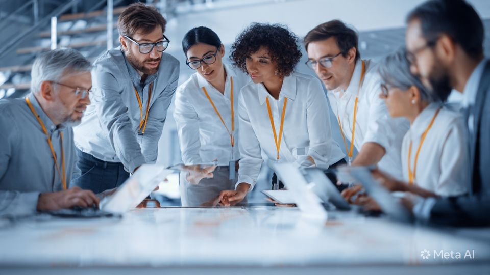 Team gathered around glass table