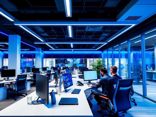 Employees working in modern tech office