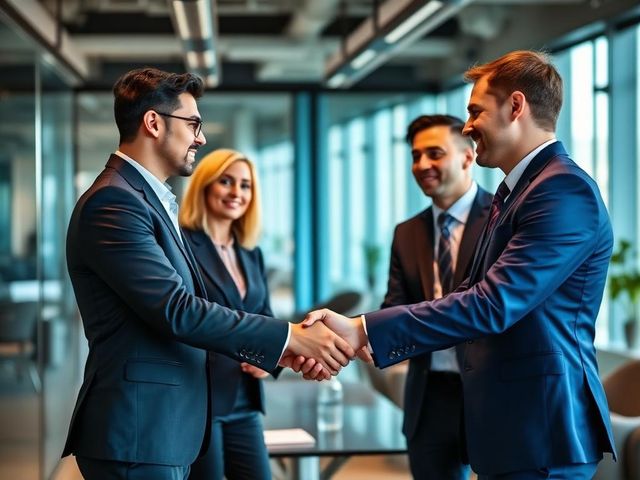 Colleagues shaking hands in office
