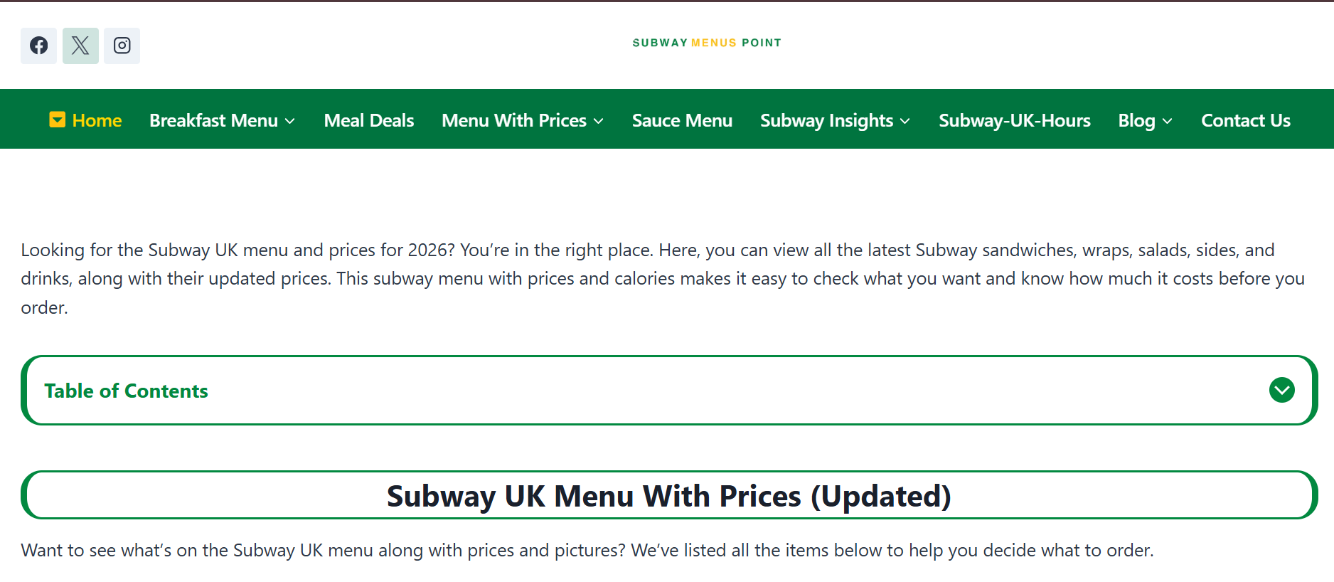 Subway UK Menu