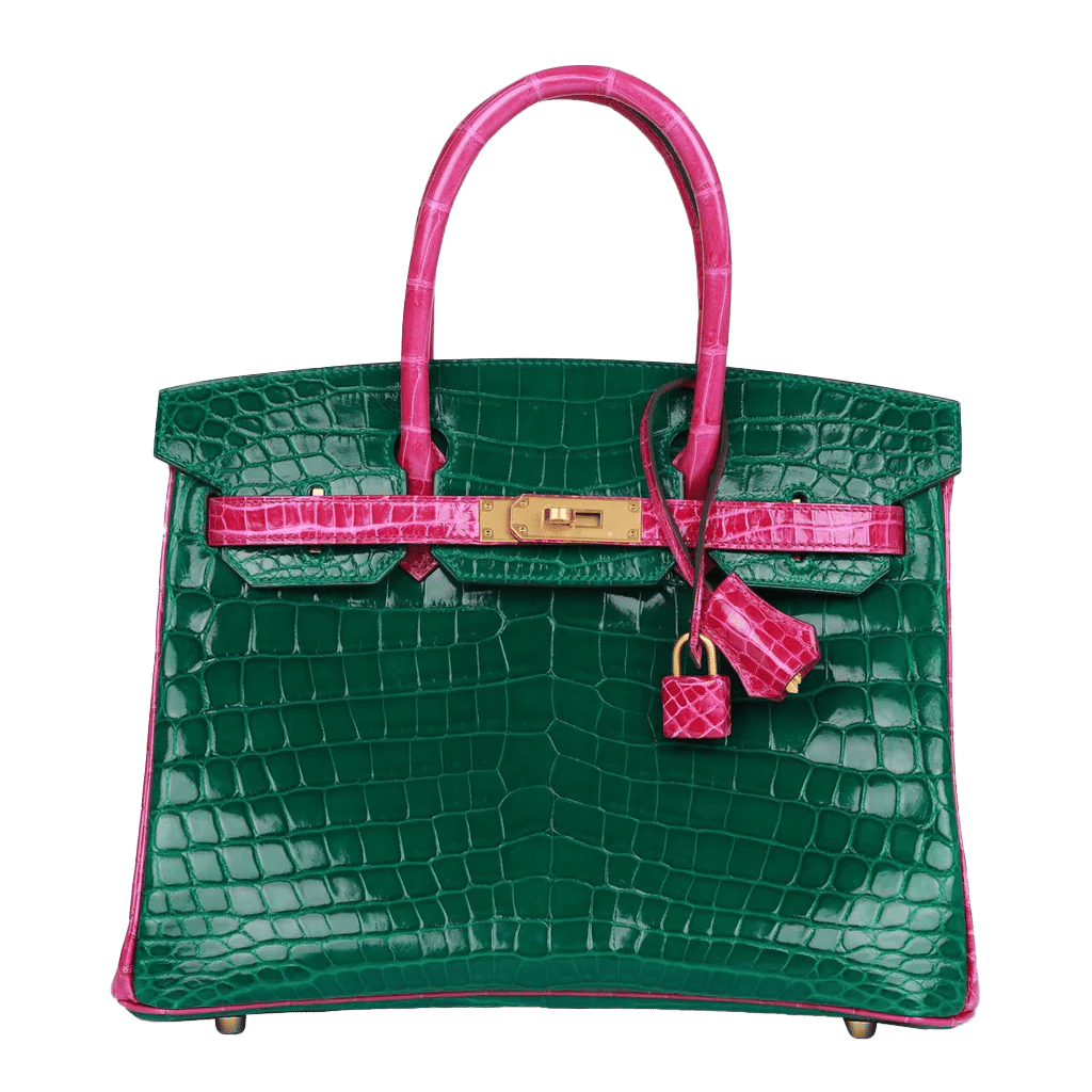 Hermès Special Order (HSS) Birkin 30 Emerald and Rose Scheherazade Shiny Niloticus Crocodile Brushed Gold Hardware