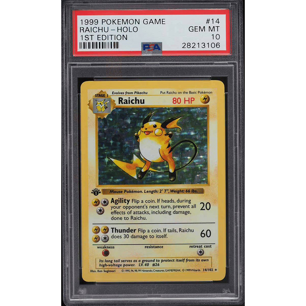 1999 Pokemon Base Set Shadowless 1st Edition Holo Raichu #14 PSA 10 GEM MINT