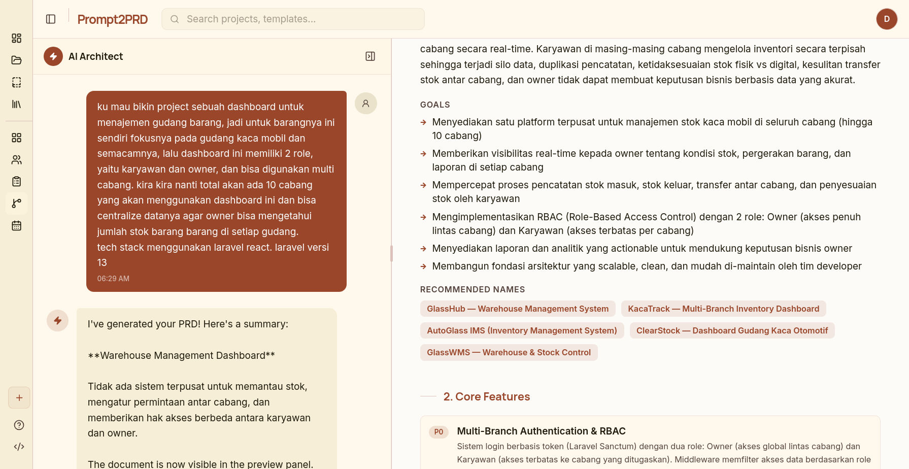 Prompt2PRD Chat View