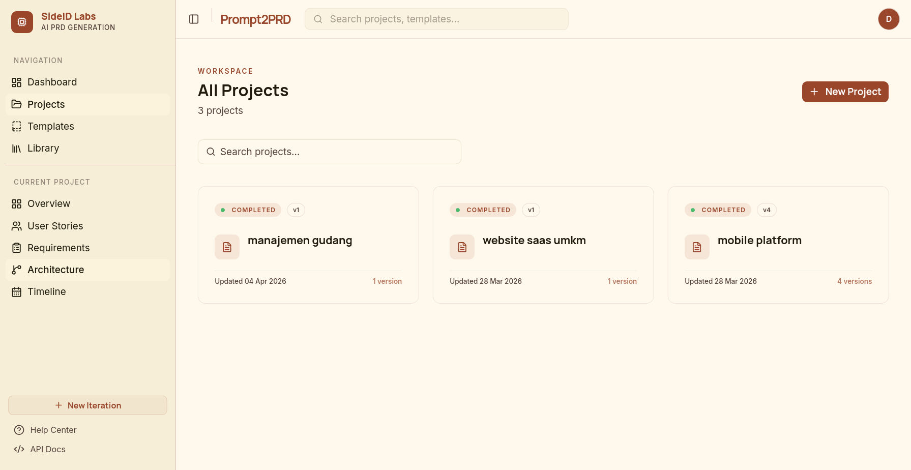 Prompt2PRD Project View