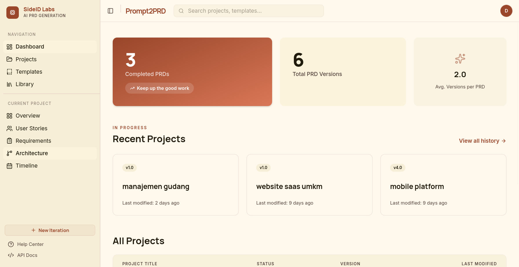 Prompt2PRD Dashboard