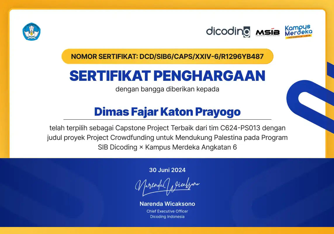 MSIB Best Project Certificate
