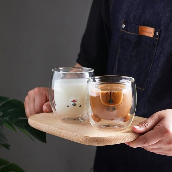 Cute Tea Milk Cup Double Wall Glass Mug, Bear Animal Double