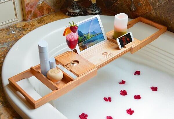 Royal Craft Wood Bathtub Caddy Tray for Bathtub - Bamboo Adjustable Organizer Tray for Bathroom