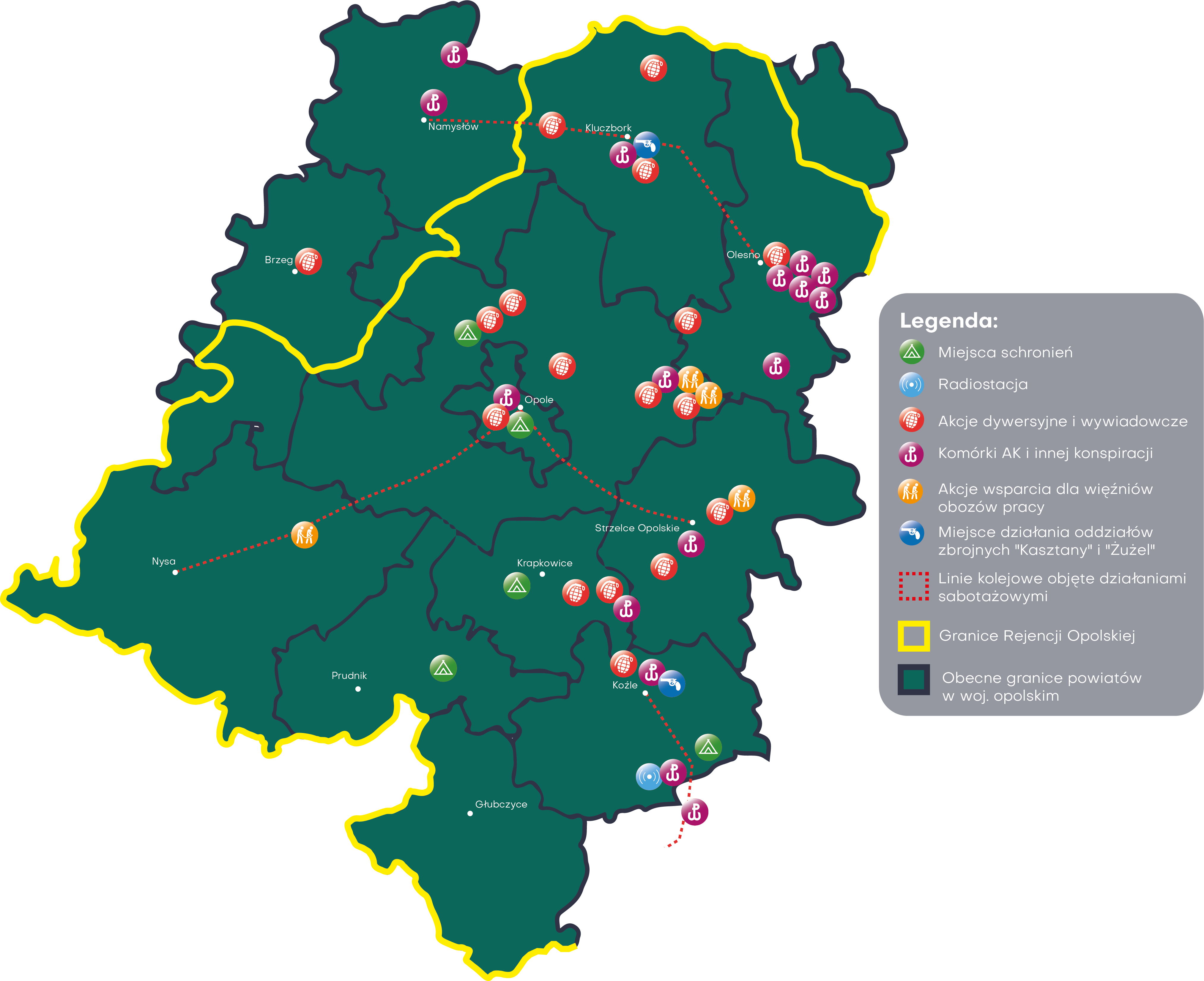 Mapa walk opolskiego podziemia na terenie obecnego województwa opolskiego w czasie II wojny światowej.