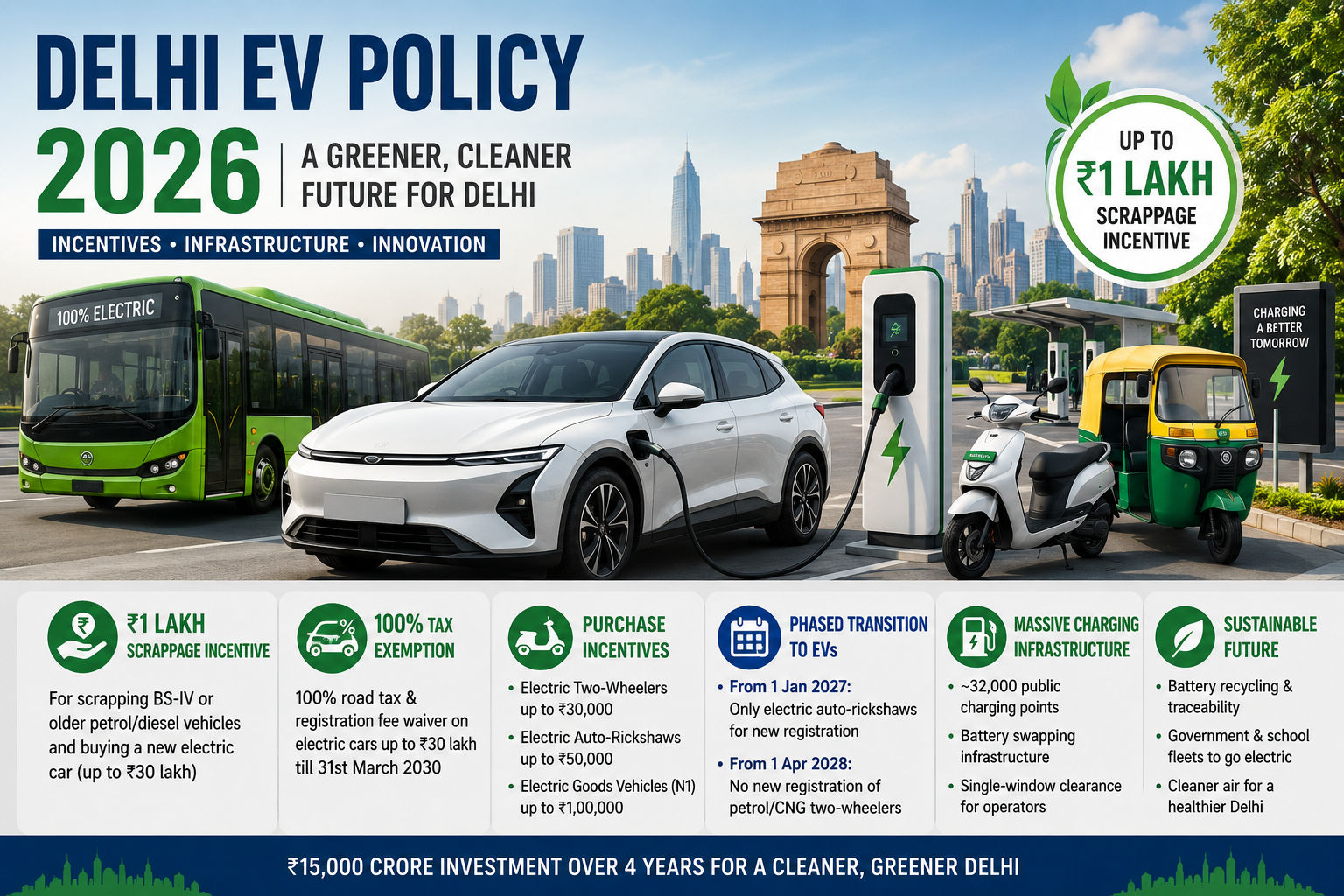 Delhi EV Policy 2026: Up to ₹1 Lakh Scrappage Benefit, Tax-Free Electric Vehicles and Major Push for EV Adoption
