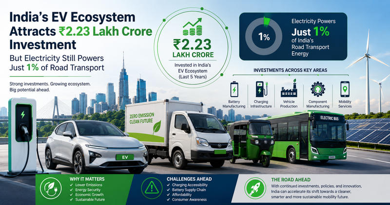 India's EV Sector Attracts ₹2.23 Lakh Crore Investment, But Electricity Still Powers Just 1% of Road Transport
