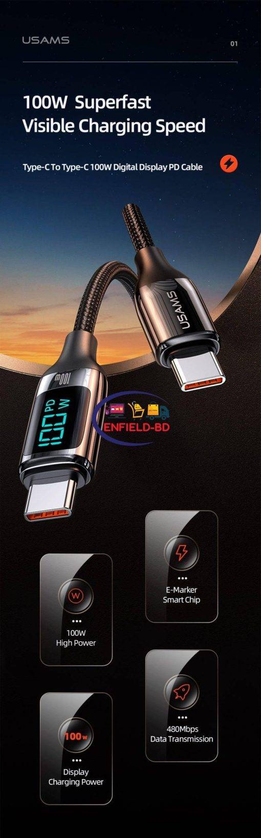 Enfield-bd.com Gadget USAMS 100W 6A LED Display Cable Fast Charge USB C A To Type C Phone Cable For Huawei Xiaomi Samsung Tablet Laptop PD QC Cables