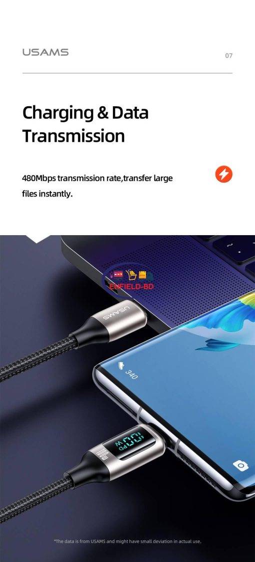 Enfield-bd.com Gadget USAMS 100W 6A LED Display Cable Fast Charge USB C A To Type C Phone Cable For Huawei Xiaomi Samsung Tablet Laptop PD QC Cables