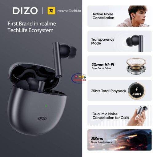 Enfield-bd.com Gadget Wireless Earbuds Realme DIZO GoPods ANC ENC Wireless Bluetooth Earphone 25hrs Total Playback 88ms Super Low Latency Global Version