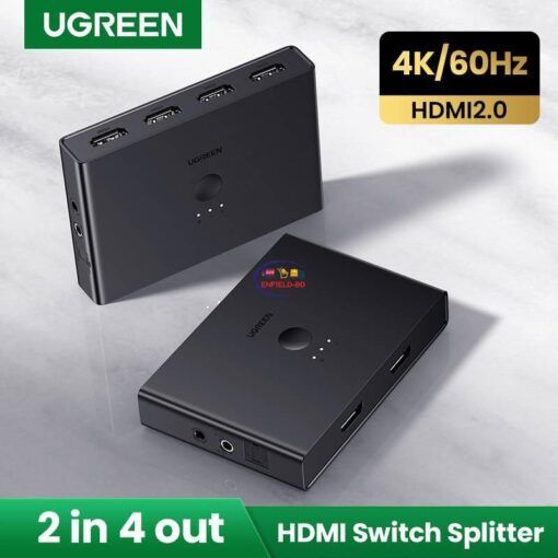 Enfield-bd.com Gadget UGREEN HDMI Splitter 2 In 4 Out 4K/60Hz for Xiaomi Mi Box Xbox HDMI Switcher with IR Controller & 3.5mm Audio Port & SPDIF Port