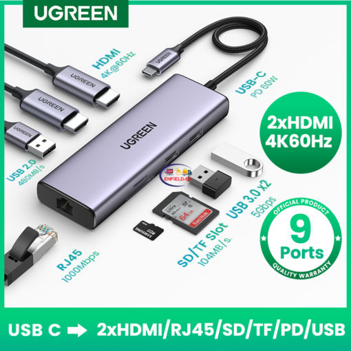 Enfield-bd.com Gadget UGREEN USB HUB C Dual 4K 60Hz USB C to HDMI 2.0 RJ45 USB PD Adapter for Macbook Air M1 Pro iPad Pro Accessories USB C Splitter