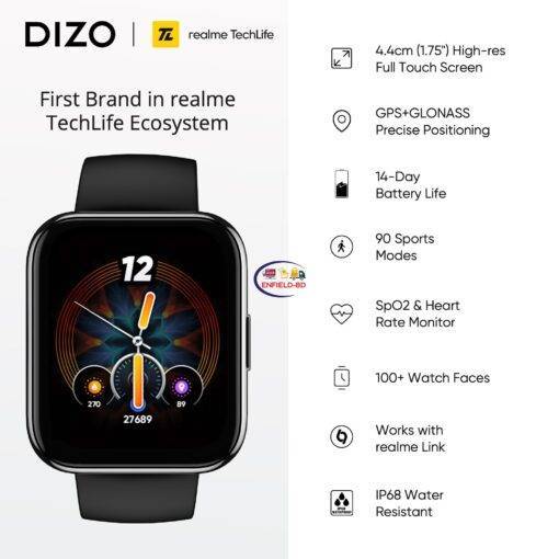 Enfield-bd.com Gadget Realme DIZO Watch Pro Smart Watch Black Space Blue 1.75″ High-Res Full Touch Screen GPS+GLONASS Precise Positioning SpO2 Heart Rate Monitor