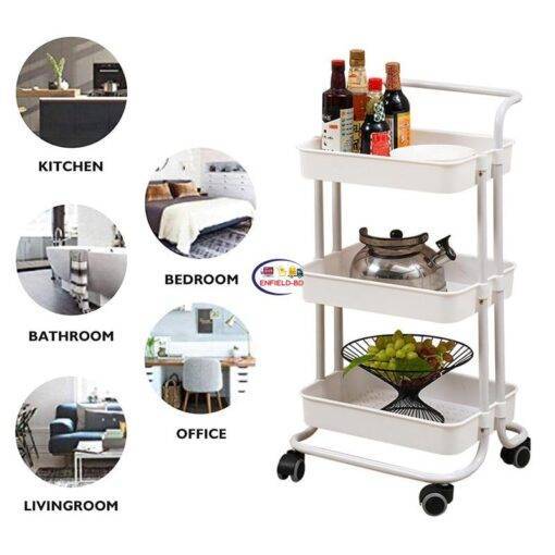 Enfield-bd.com Home & Living 3Tier Storage Organizer Rack Movable Kitchen Bathroom Shelf Metal Rolling Trolley Cart Basket Stand Wheels Save Space Holder
