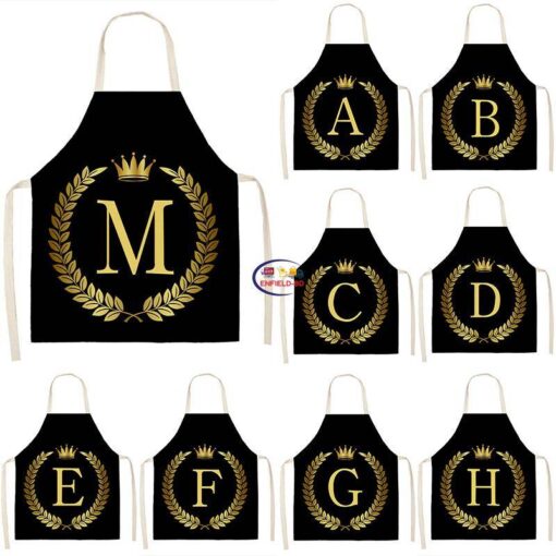 Enfield-bd.com Health & Household Kitchen & Dining Black Golden Crown Letter Alphabet Print Kitchen Apron for Woman Man Cotton Linen Aprons For Cooking Home Cleaning Tools 53*65cm