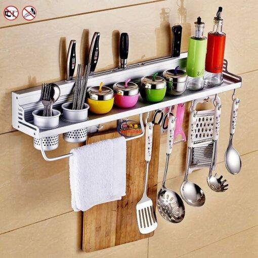 Enfield-bd.com Health & Household Kitchen & Dining Multifunctional Wall Mounted Kitchen Shelves Utensil And Spoon Rack Aluminum shelf kitchen accessories For kitchen convenience